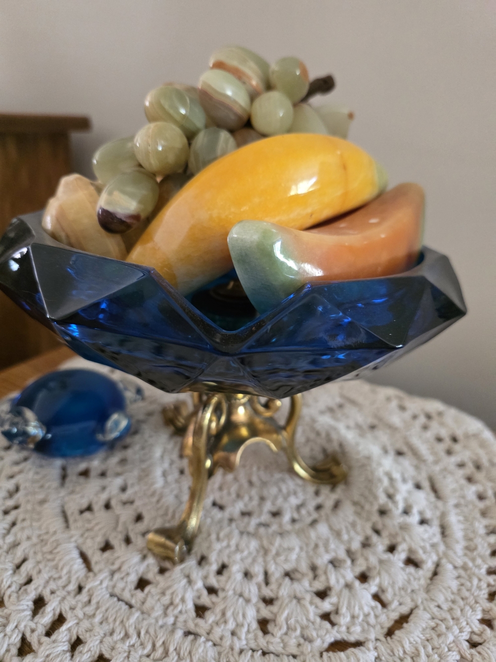 Blue Glass Compote Bowl with Brass Pedestal - Home Accents